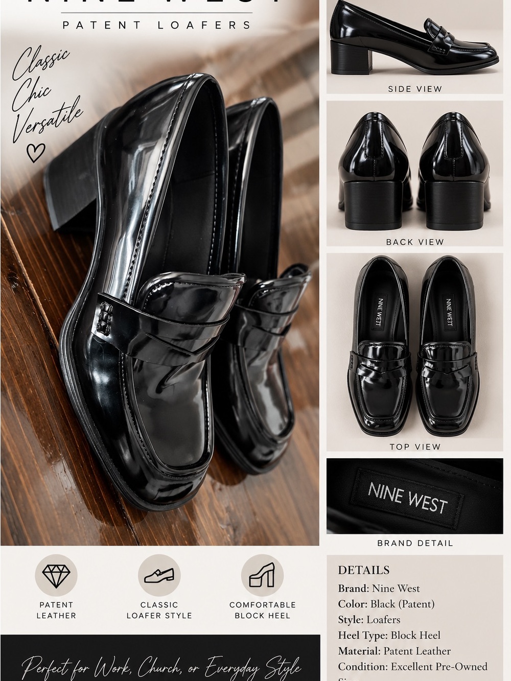Nine West Black Patent Leather Classic Penny Loafers